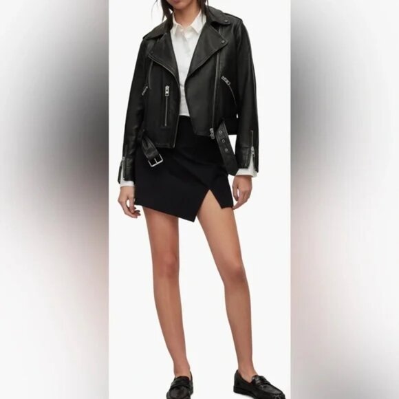 AllSaints Balfern Black Biker Cropped Belted Leather Jacket $528 New Sz 6 - Picture 2 of 16
